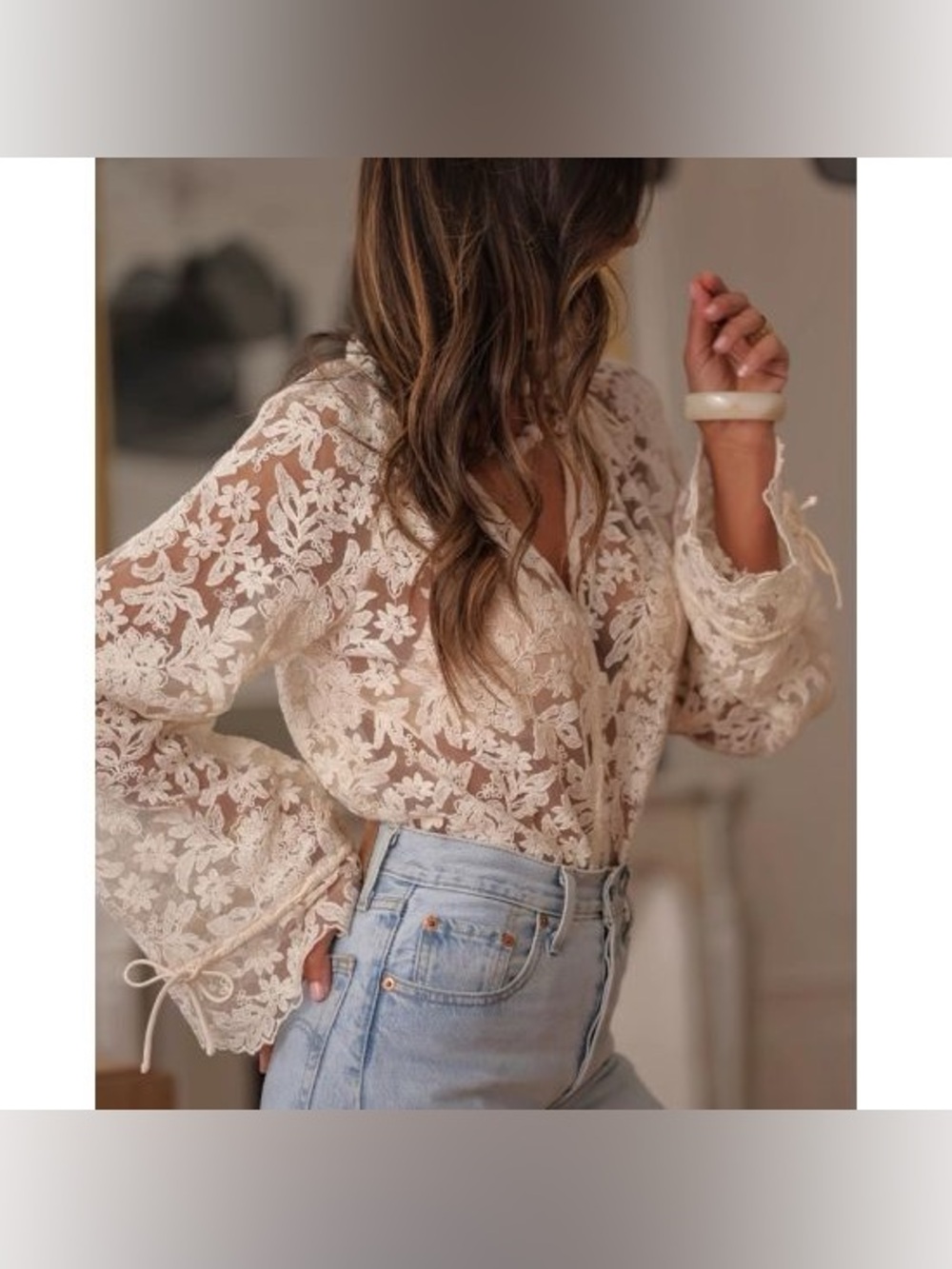 Lace Floral Sheer Blouse in Cream